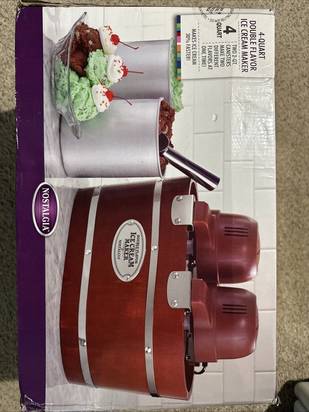 Nostalgia 4 Qt Double Flavor Ice Cream Maker Open Box New Never Used